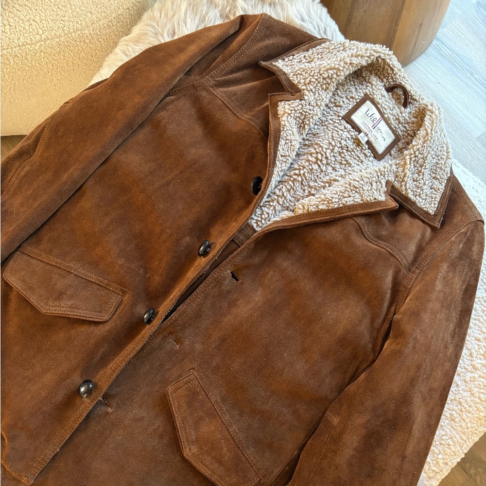 Vintage USA Wilsons Genuine Leather Sherpa Lined Mens Coat Jacket Suede Brown S